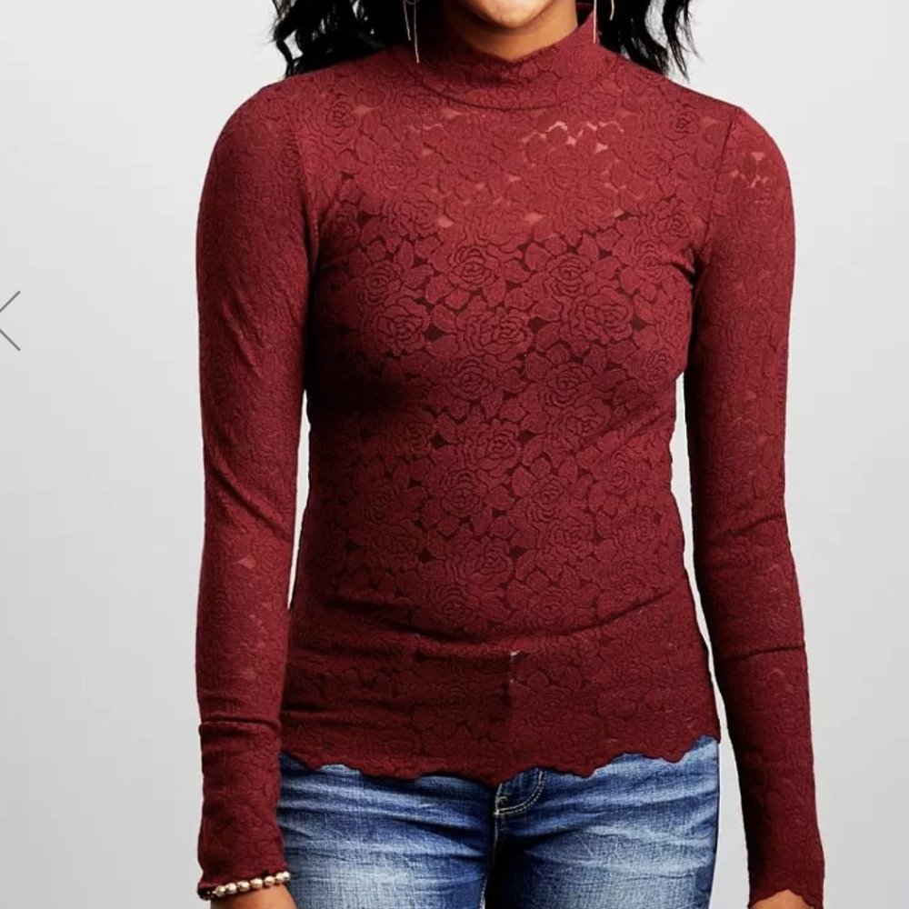 BKE Red Semi Sheer Mesh Knit Fitted Top